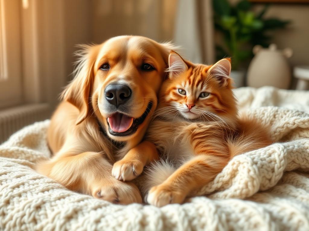 A happy dog and cat cuddling on a soft blanket